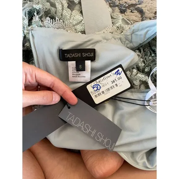 NWT Tadashi Shoji Ice Green Sequin Lace Dress Cocktail Dress Ribbon‎ Belt Size 6 - Picture 11 of 12